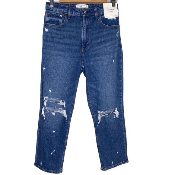 ✨NWT Abercrombie & Fitch Distressed The Mom High Rise Jeans Size 2 26 X SHORT - Picture 2 of 12